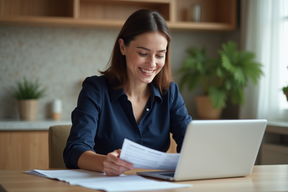 Femme souriante examinant des documents de prêt immobilier