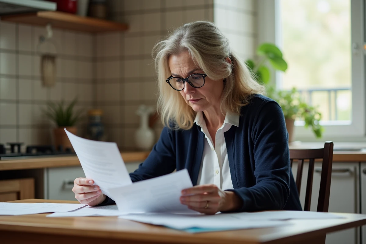 Femme d'âge moyen examinant des documents administratifs liés à une aide financière de 1745 euros dans sa cuisine