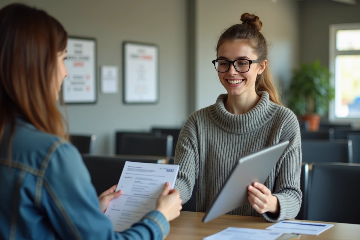 Jeune femme remettant un dossier à un agent administratif