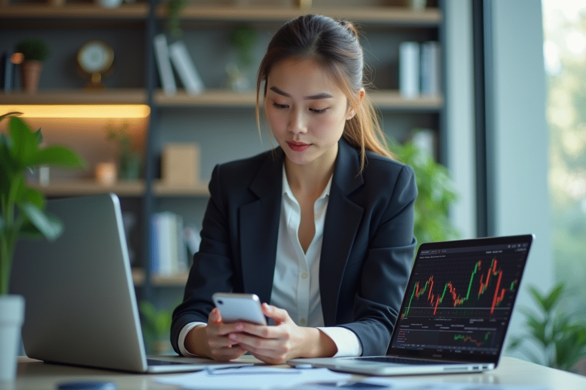 Femme d'affaires examinant ses cryptomonnaies au bureau