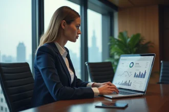 Femme cadre consultant son espace client banque privée BNP Paribas sur un ordinateur portable dans un bureau moderne