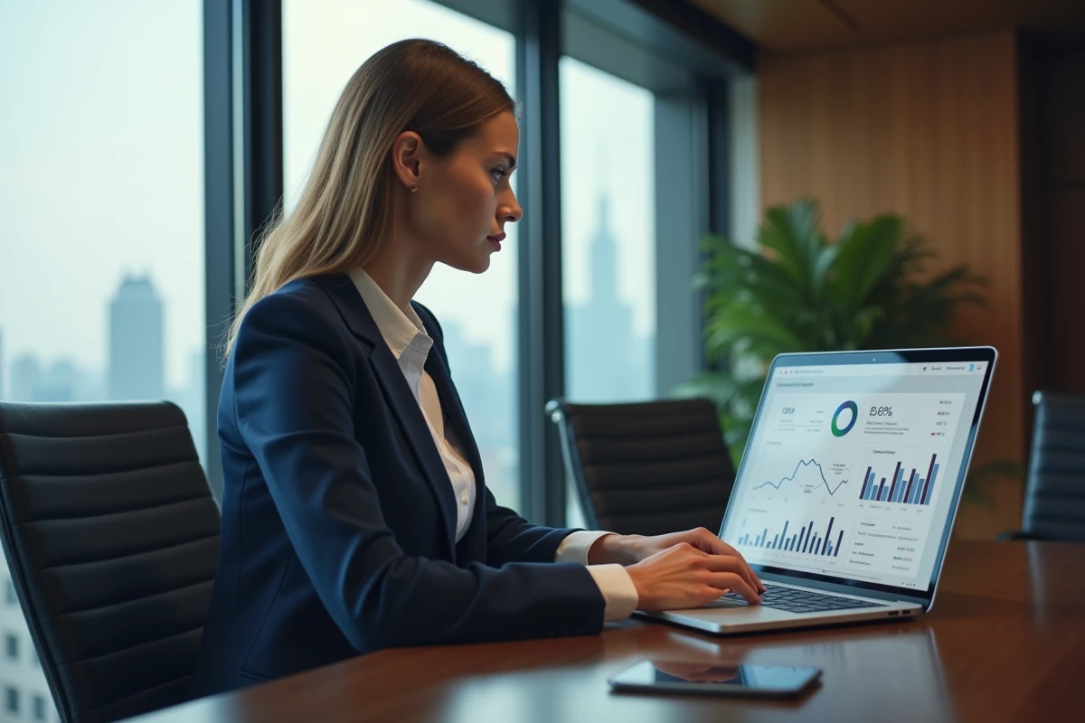 Femme cadre consultant son espace client banque privée BNP Paribas sur un ordinateur portable dans un bureau moderne