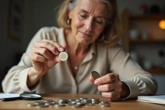 Femme tenant une pièce de 2 euros rare entre ses doigts pour l'examiner attentivement sur une table en bois