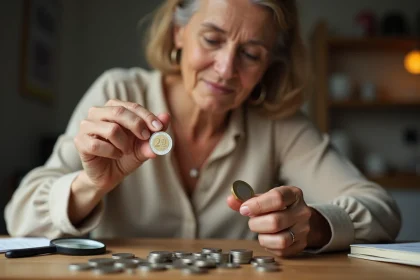 Femme tenant une pièce de 2 euros rare entre ses doigts pour l'examiner attentivement sur une table en bois