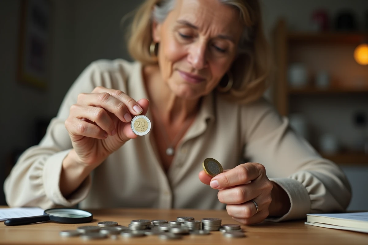 Femme tenant une pièce de 2 euros rare entre ses doigts pour l'examiner attentivement sur une table en bois