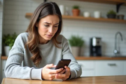 Femme consultant sa facture Free Mobile sur smartphone dans une cuisine moderne en 2026