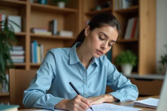 Jeune femme écrivant une formule de taux d'évolution sur un bloc-notes dans un bureau à domicile