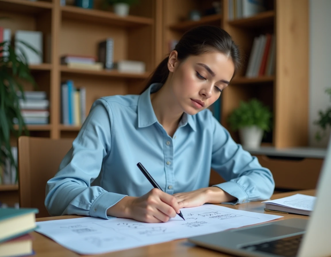 Jeune femme écrivant une formule de taux d'évolution sur un bloc-notes dans un bureau à domicile