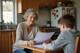 Femme de 50 ans avec un enfant dessinant à la maison
