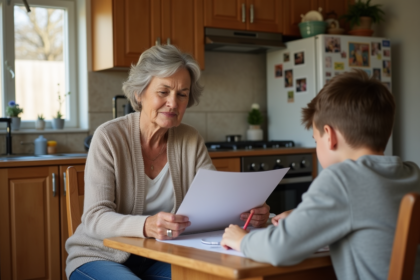 Femme de 50 ans avec un enfant dessinant à la maison