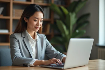 Femme gérant ses cartes bancaires en ligne sur ordinateur portable via Cyberplus Banque Populaire