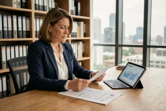 Femme cadre analysant des documents de SCPI habitat à son bureau avec graphiques financiers sur tablette