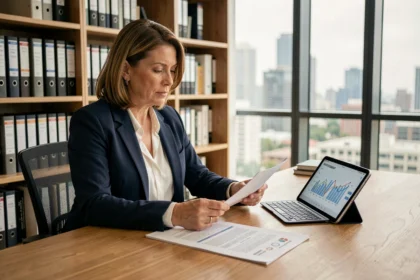 Femme cadre analysant des documents de SCPI habitat à son bureau avec graphiques financiers sur tablette