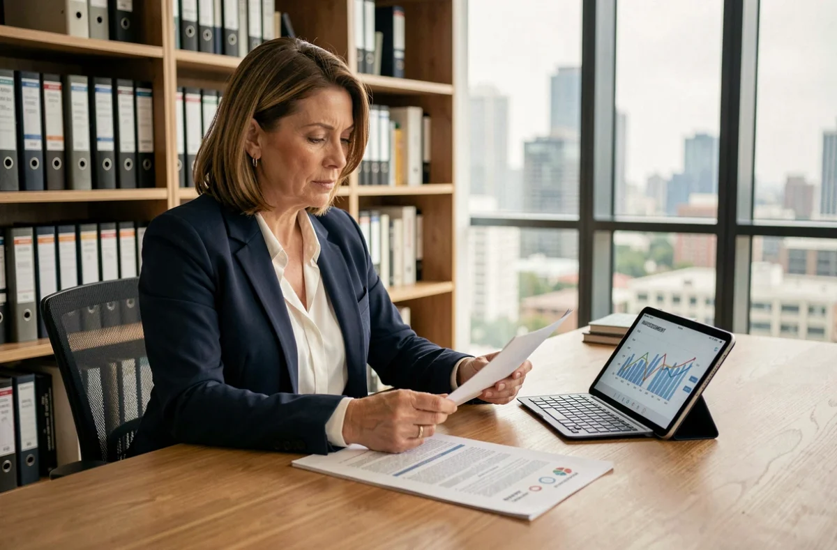 Femme cadre analysant des documents de SCPI habitat à son bureau avec graphiques financiers sur tablette