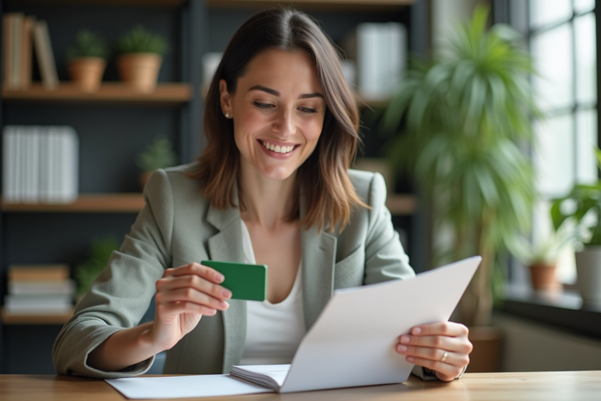 Femme en tenue professionnelle examine une brochure bancaire