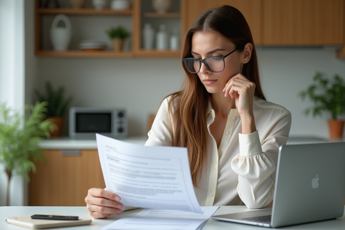 Femme en train de lire des documents de prêt immobilier à la maison