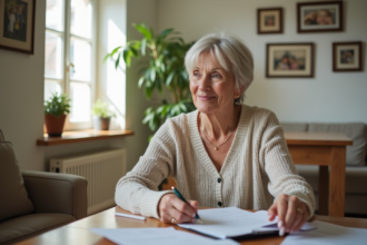 Femme d'environ 60 ans dans un salon lumineux lisant des documents