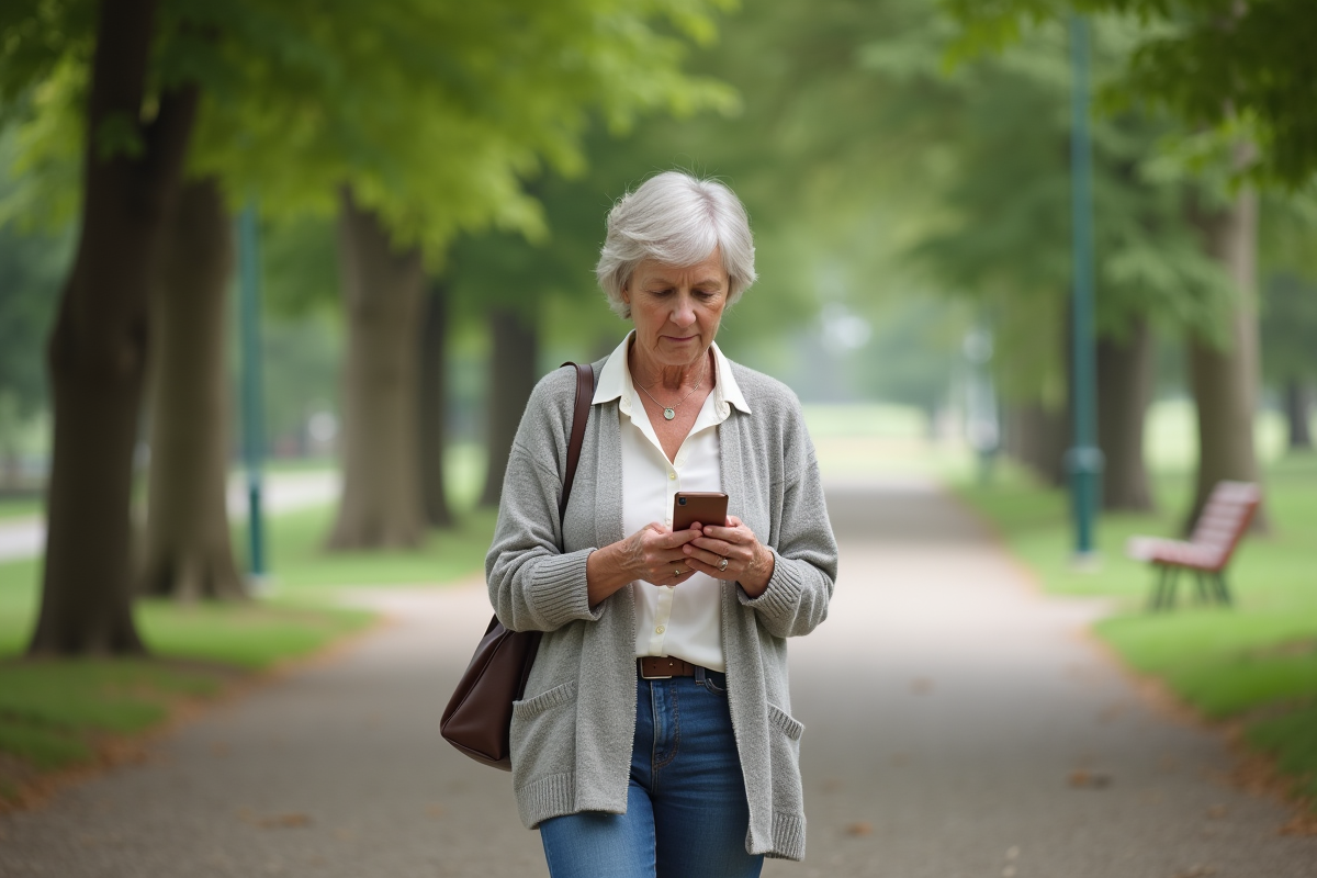 Femme mature marchant dans un parc en regardant son smartphone