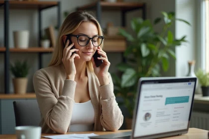 Femme parlant au smartphone dans un bureau moderne