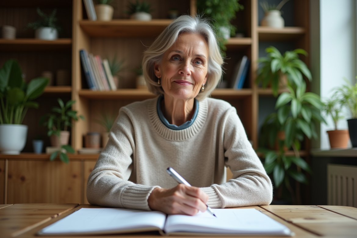 Femme concentrée avec carnet dans un bureau cosy