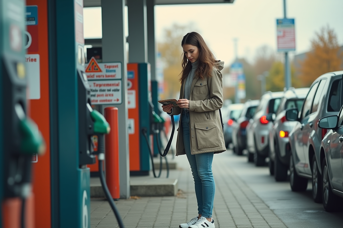 Jeune femme examineur affichage pompe carburant en ville