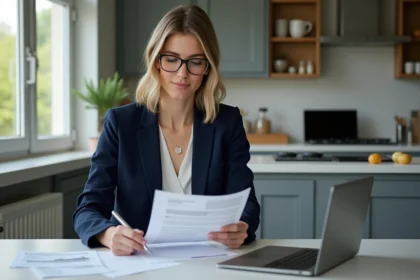 Femme professionnelle examine un document de pret immobilier
