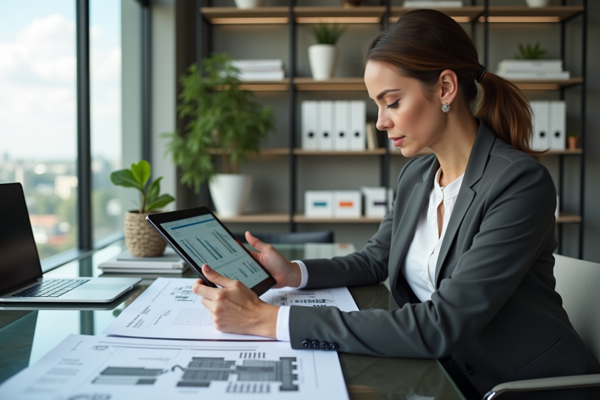 Femme d'affaires examinant un tableau dans un bureau moderne