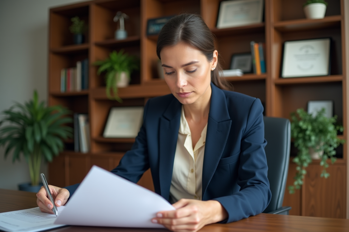 Femme d'affaires en bureau à la maison en train d'étudier un portefeuille
