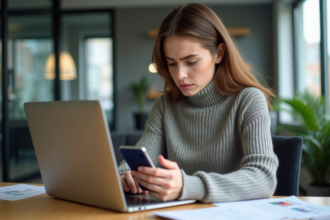 Jeune femme professionnelle utilisant une carte virtuelle au bureau