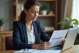 Femme consultant ses relevés bancaires et son espace en ligne sur ordinateur portable pour gérer ses virements et alertes SMS sur m cmb fr mon compte