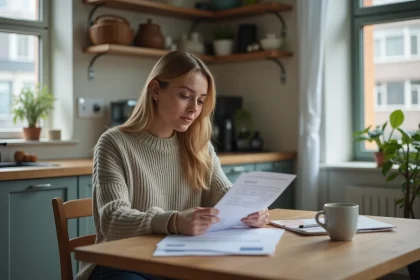 Femme assise à la table de cuisine en train de vérifier ses factures