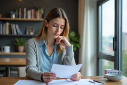 Femme dans la trentaine examine des papiers d'assurance
