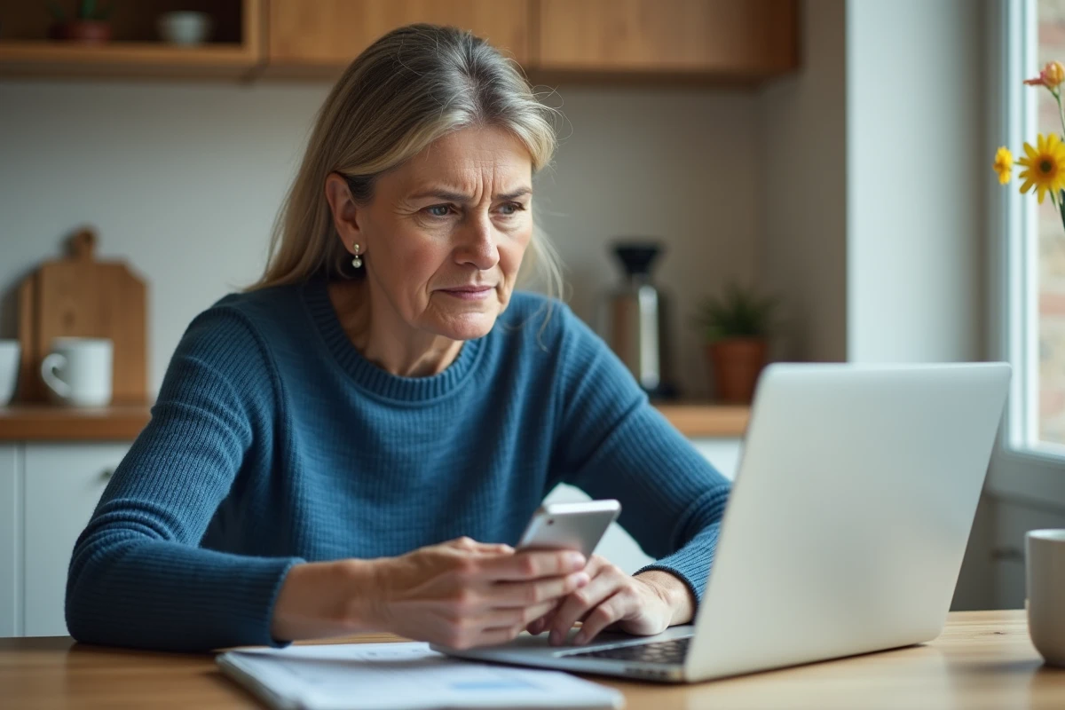 Femme d'âge moyen consulte son relevé bancaire en ligne