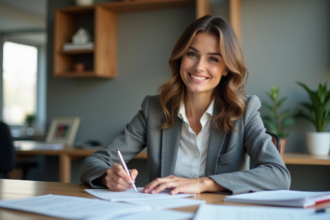 Femme signant des documents de pret dans un bureau lumineux