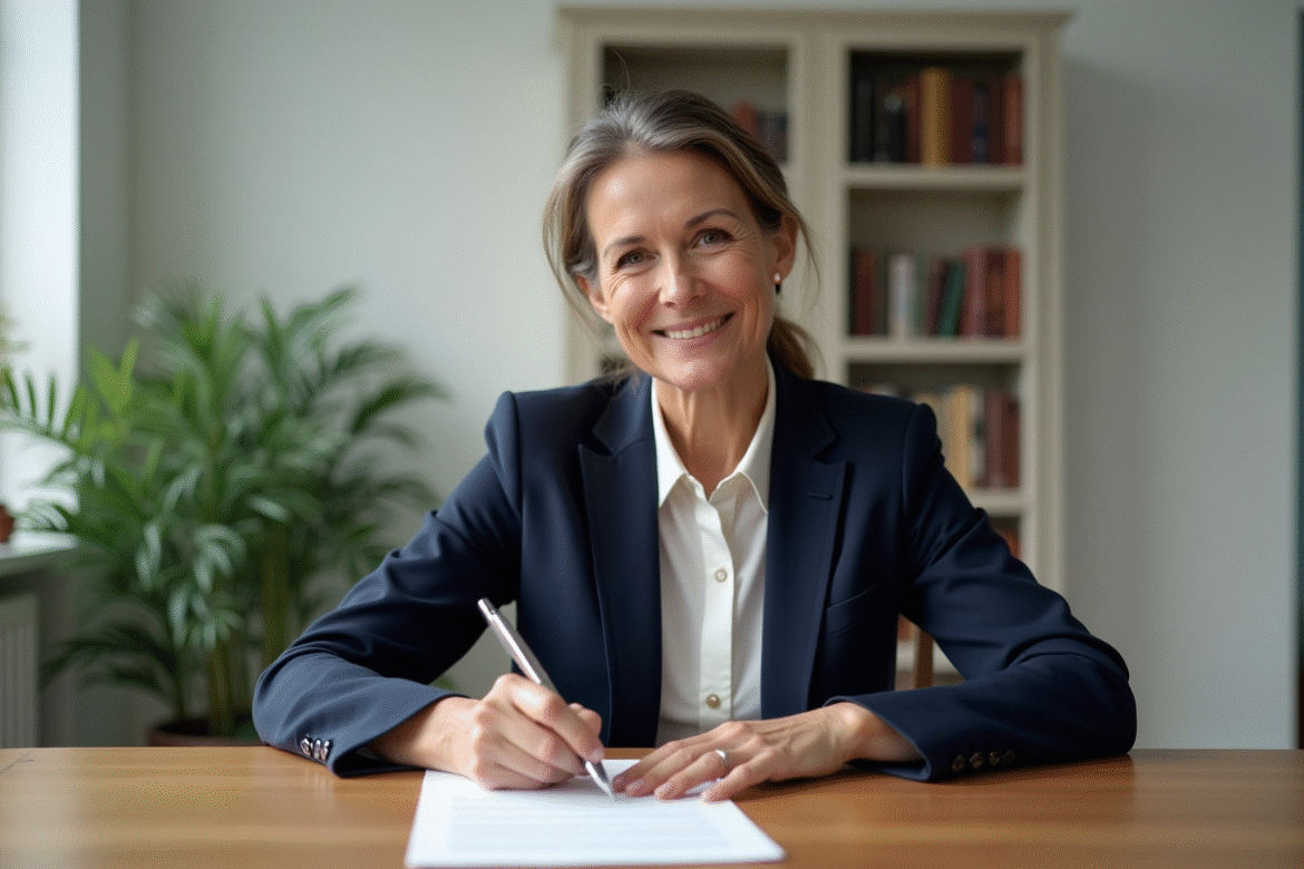 Femme d'âge moyen signant une lettre dans un bureau moderne
