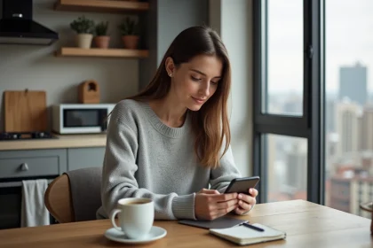 Jeune femme avec smartphone dans une cuisine moderne