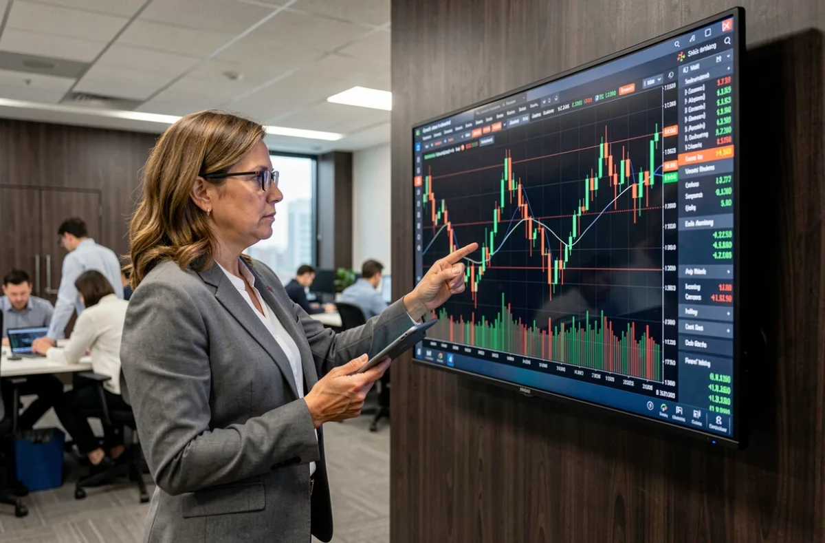 Analyste crypto pointant des graphiques volatils de Bitcoin sur un écran de trading professionnel