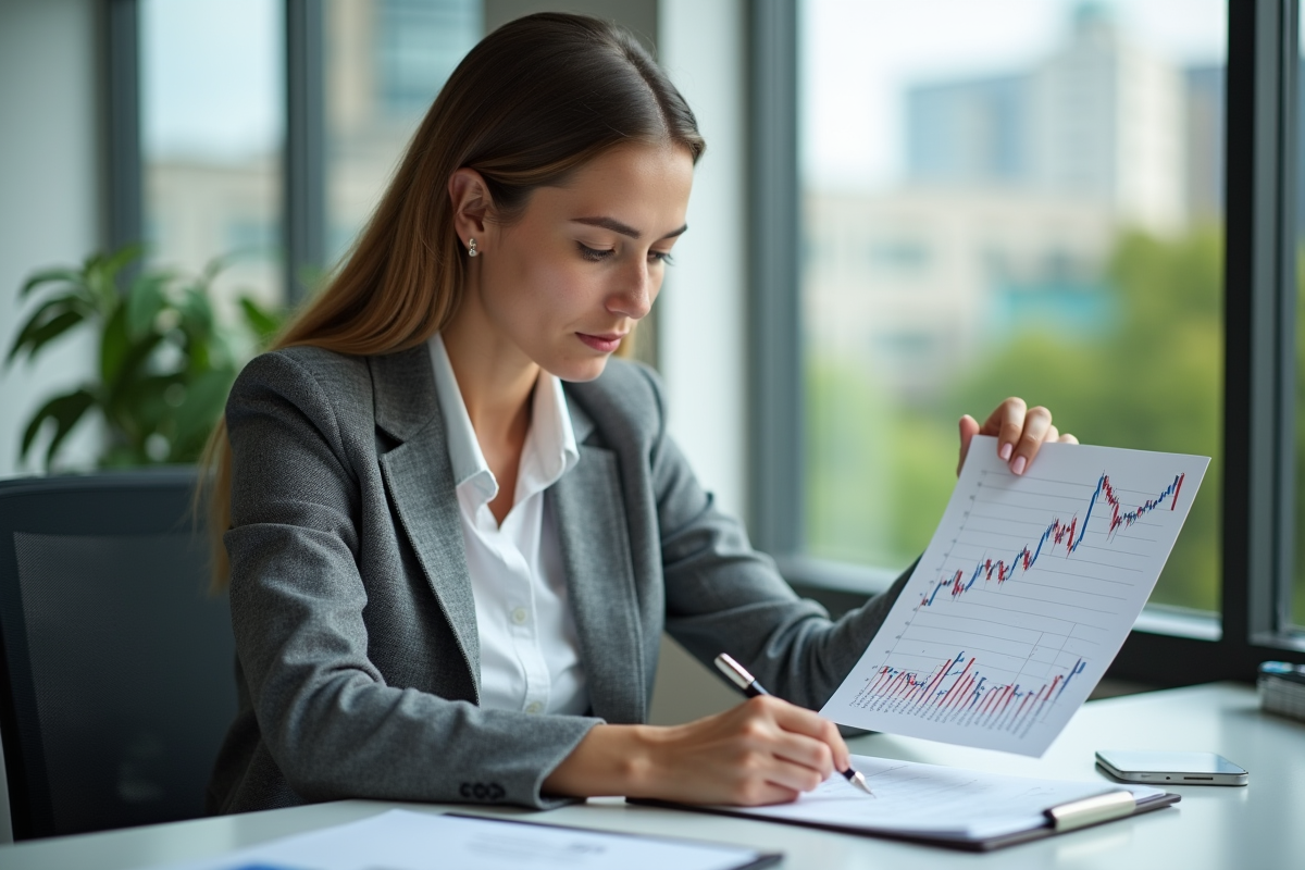 Femme analysant un graphique Bitcoin au bureau lumineux