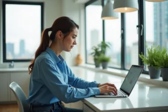 Femme en blouse bleue vérifiant ses finances sur un laptop