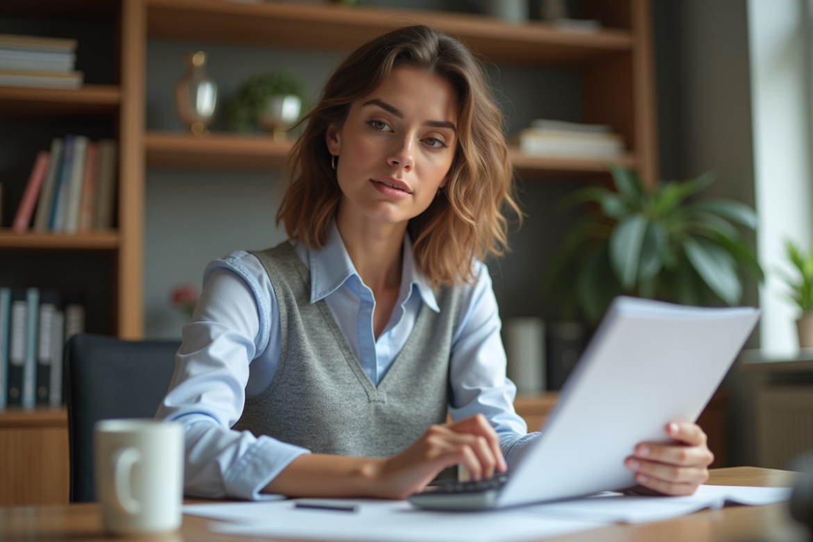Femme au bureau étudiant des papiers d'assurance