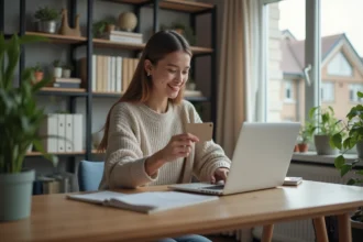 Jeune femme travaillant à domicile avec carte bancaire