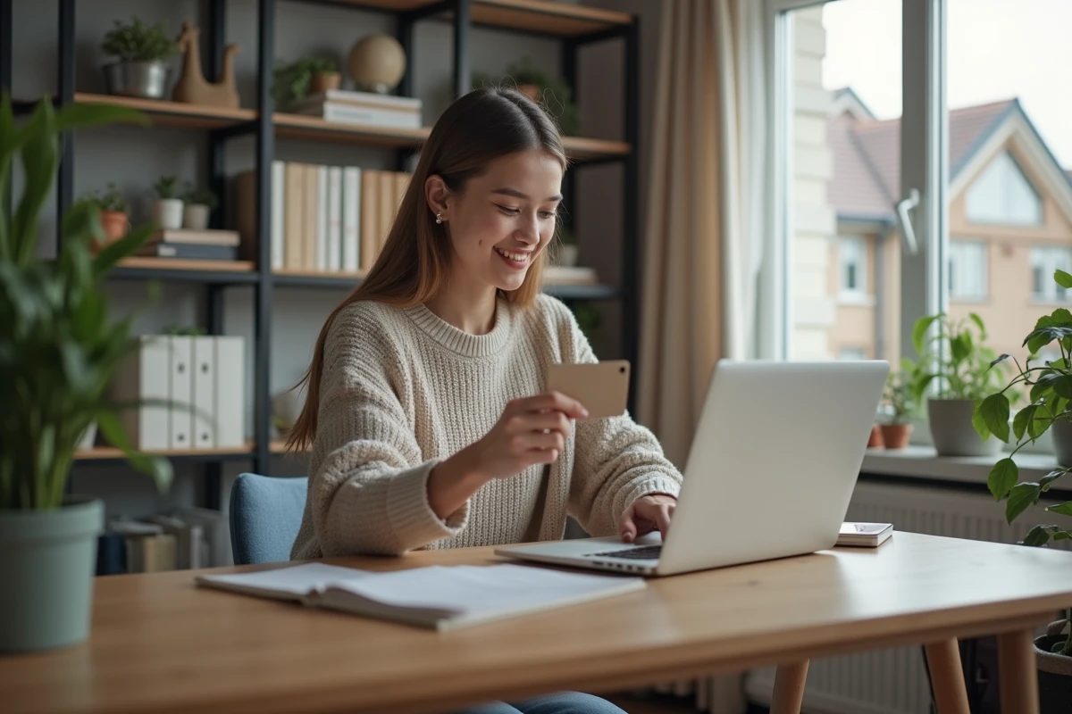 Jeune femme travaillant à domicile avec carte bancaire