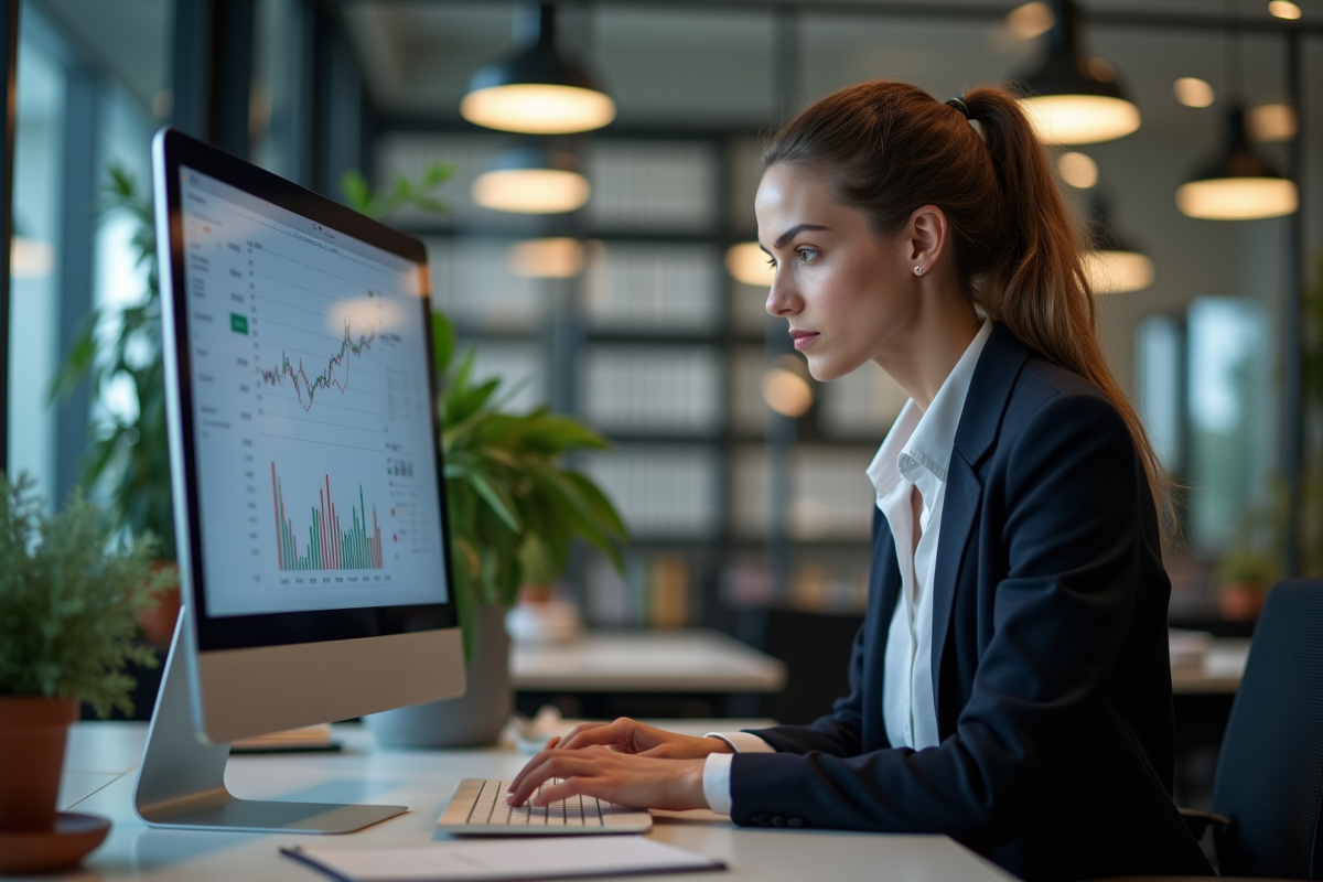 Jeune femme travaillant sur un ordinateur dans un bureau moderne