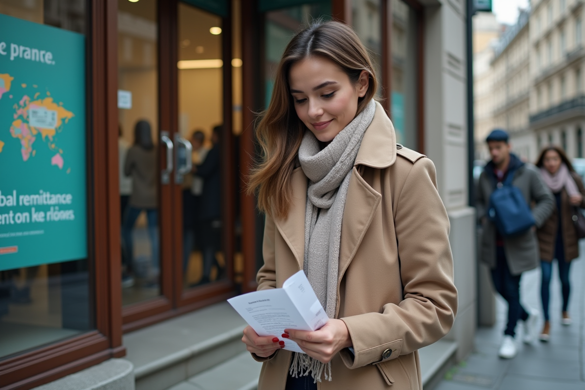 Jeune femme dans la rue regardant un reçu