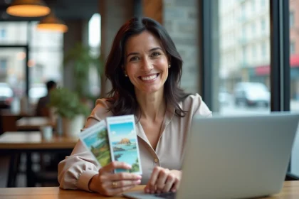 Femme souriante avec billets de vacances et brochure dans un café