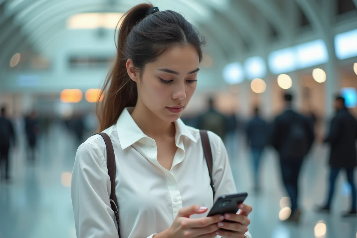 Jeune femme vérifiant un code sécurisé sur son smartphone dans un lieu public