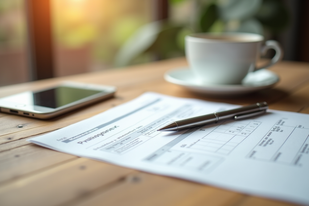 Fiche de paie et stylo sur une table en bois dans un cadre naturel