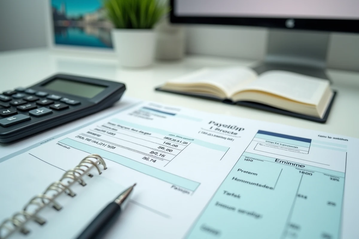 Fiche de paie luxembourgeoise avec calculatrice et notes manuscrites sur les charges et impôts