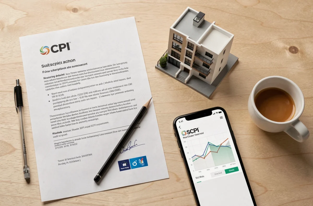 Vue aérienne d'un bureau avec contrat SCPI, maquette immobilière et graphique de rendement locatif