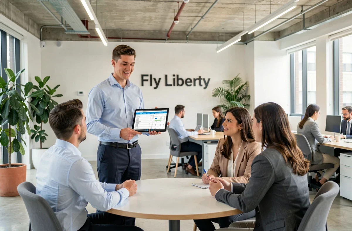 Courtier Fly Liberty présentant une simulation de crédit immobilier à des clients dans un espace de travail moderne